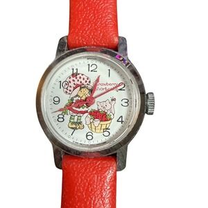 Vintage 80s Bradley Strawberry Shortcake Kids Wristwatch Red Band Wind Up Works